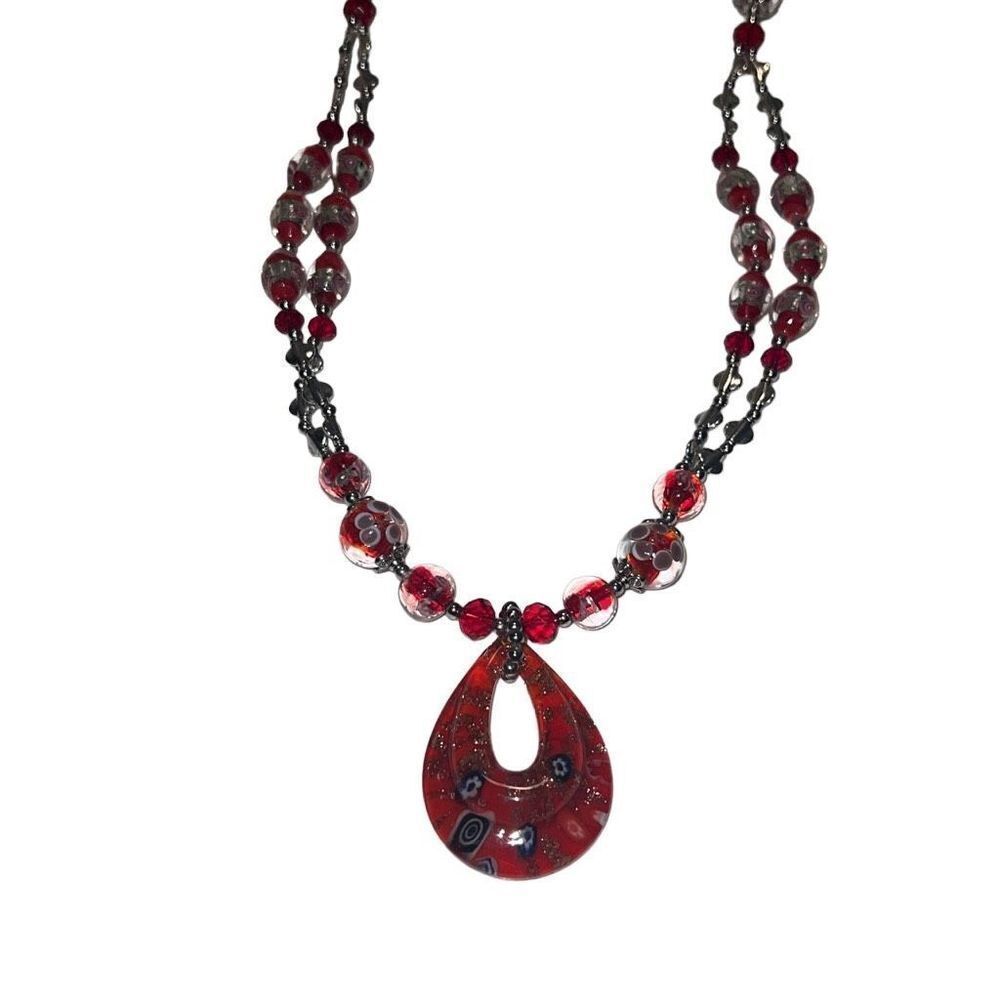 Red Glass Murano Glass Millefiori Style Designer Necklace
